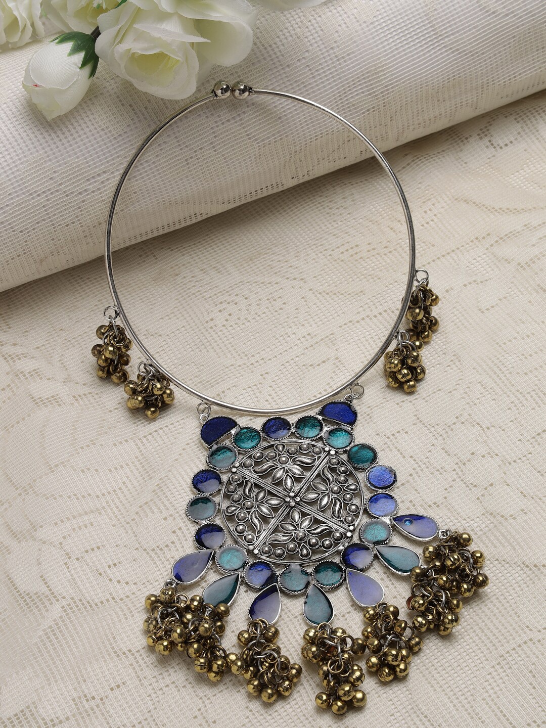 

Moedbuille Blue & Green Brass Gold-Plated Meenakari Necklace
