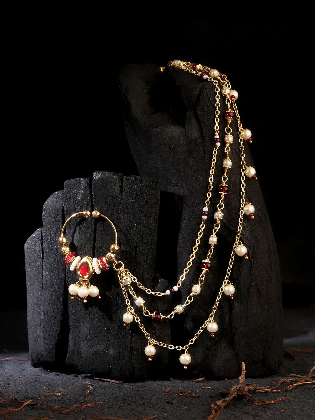 

Adwitiya Collection 24 CT Gold-Plated Red Stone-Studded White Pearl-Studded Nosepin