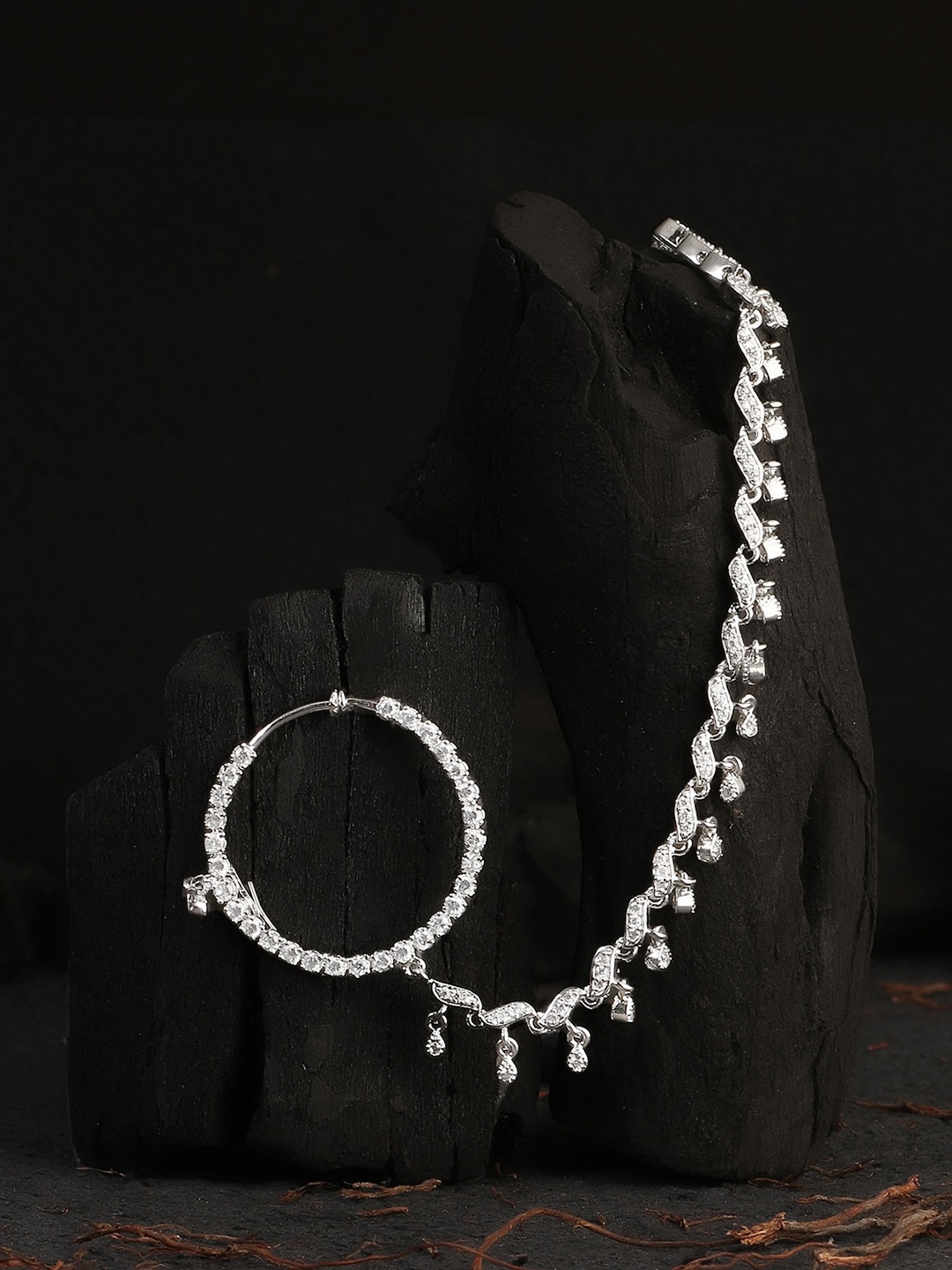 

Adwitiya Collection Silver-Plated White Stone Studded Nosepin