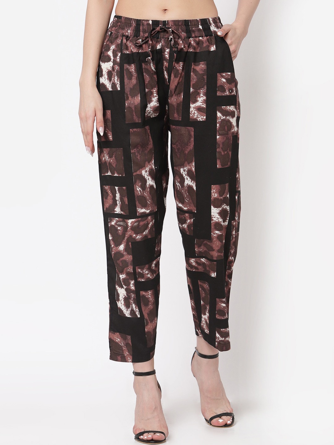 

KLOTTHE Women Brown Printed Smart Slim Fit Trousers