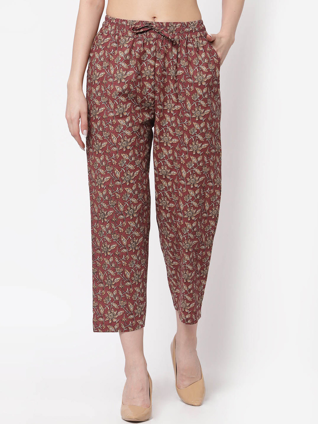 

KLOTTHE Women Brown Printed Cotton Slim-Fit Trouser