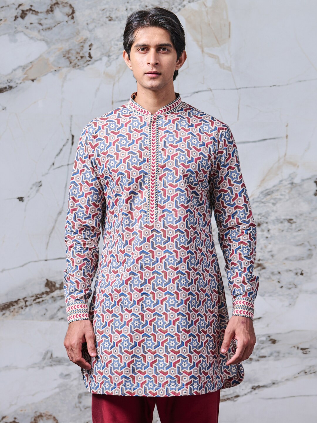 

Tasva Men Blue Printed Pure Cotton Kurti with Pyjamas
