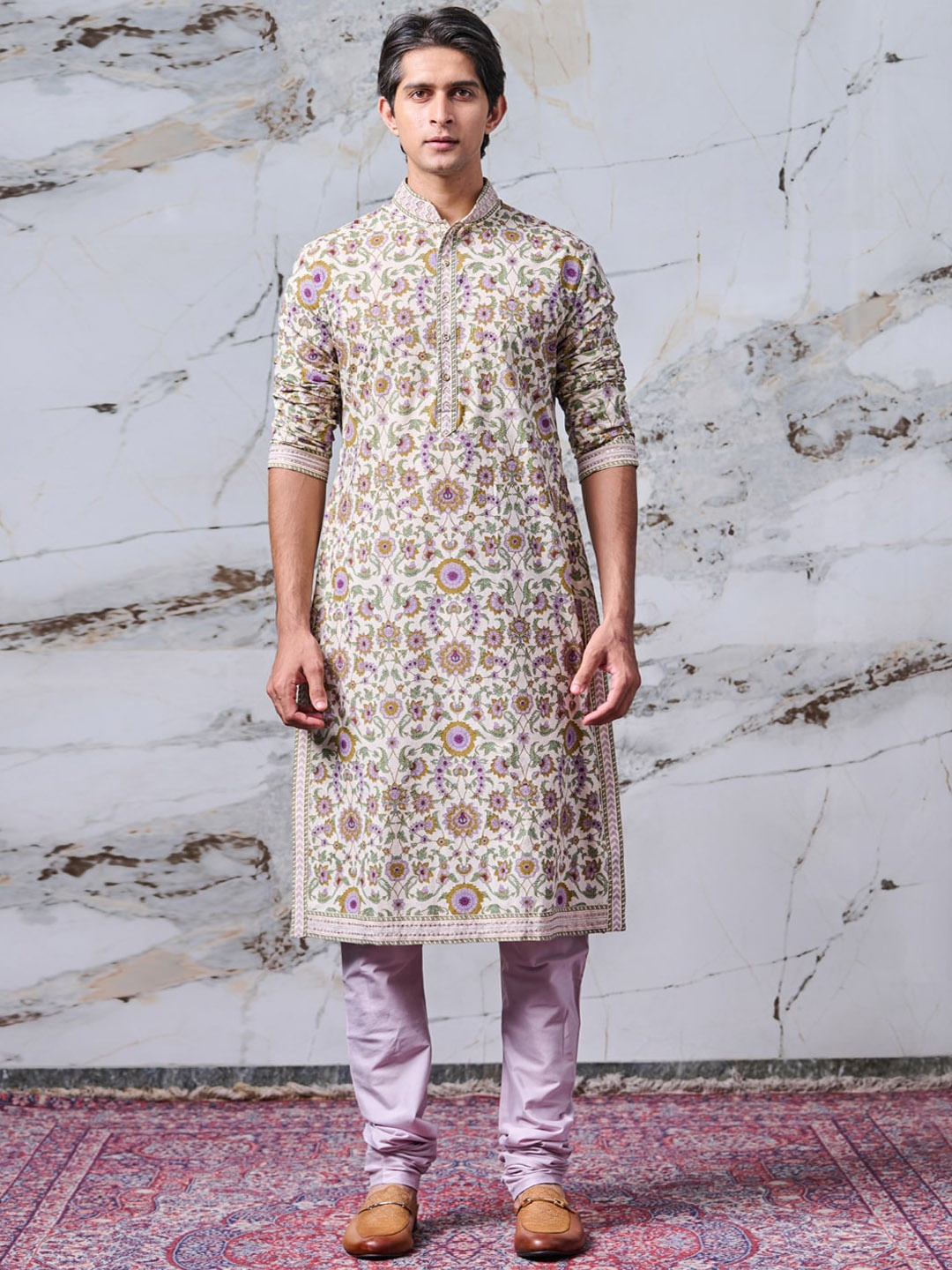 

Tasva Men Yellow Floral Printed Pure Cotton Kurta with Churidar