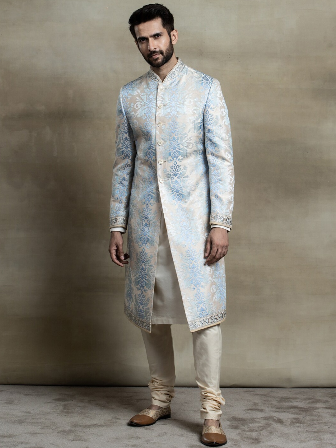

Tasva Men Med Blue Woven Design Banaras Brocade Sherwani Set
