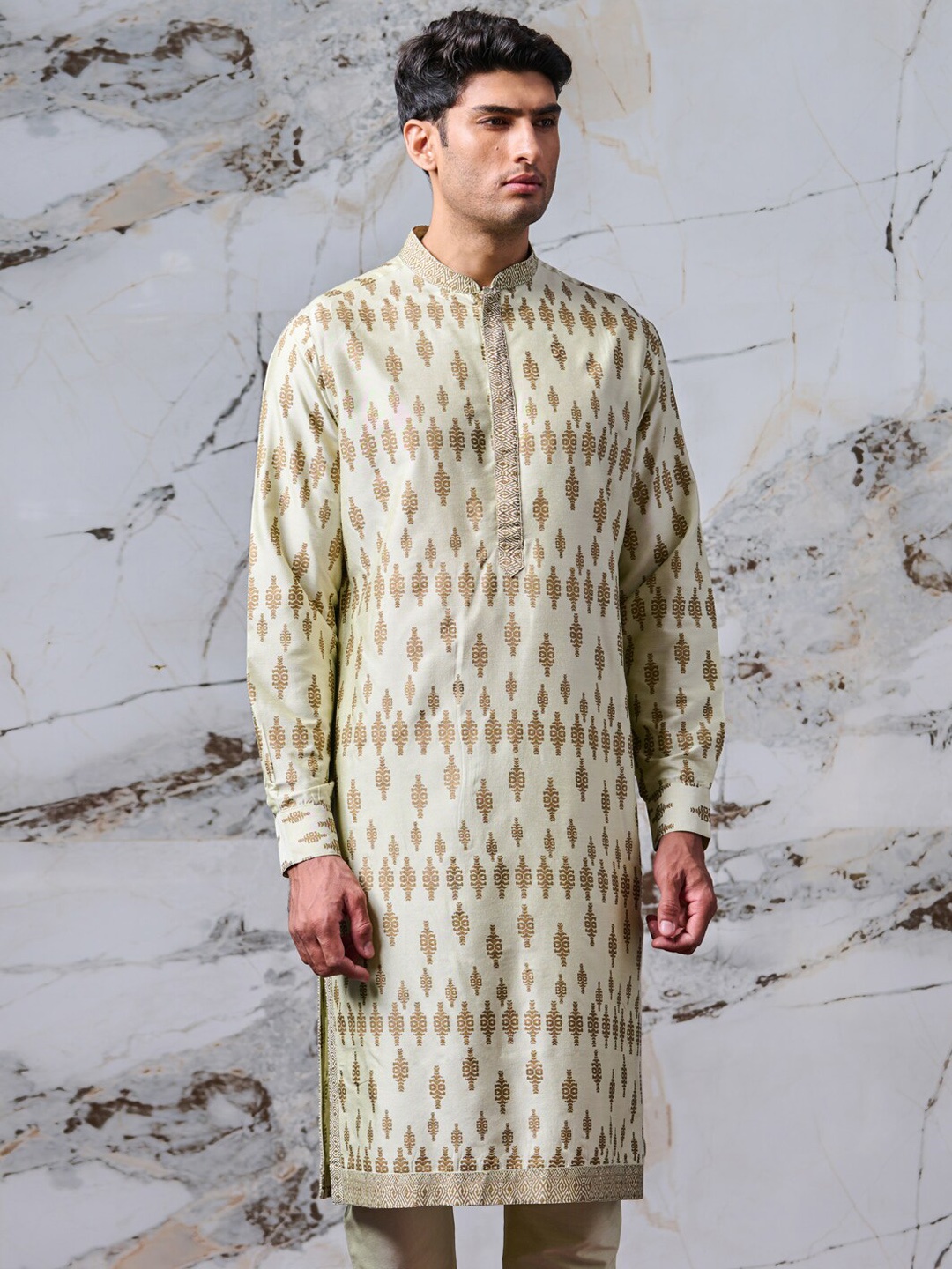 

Tasva Men Green Ethnic Motifs Printed Kurta with Churidar, Sea green