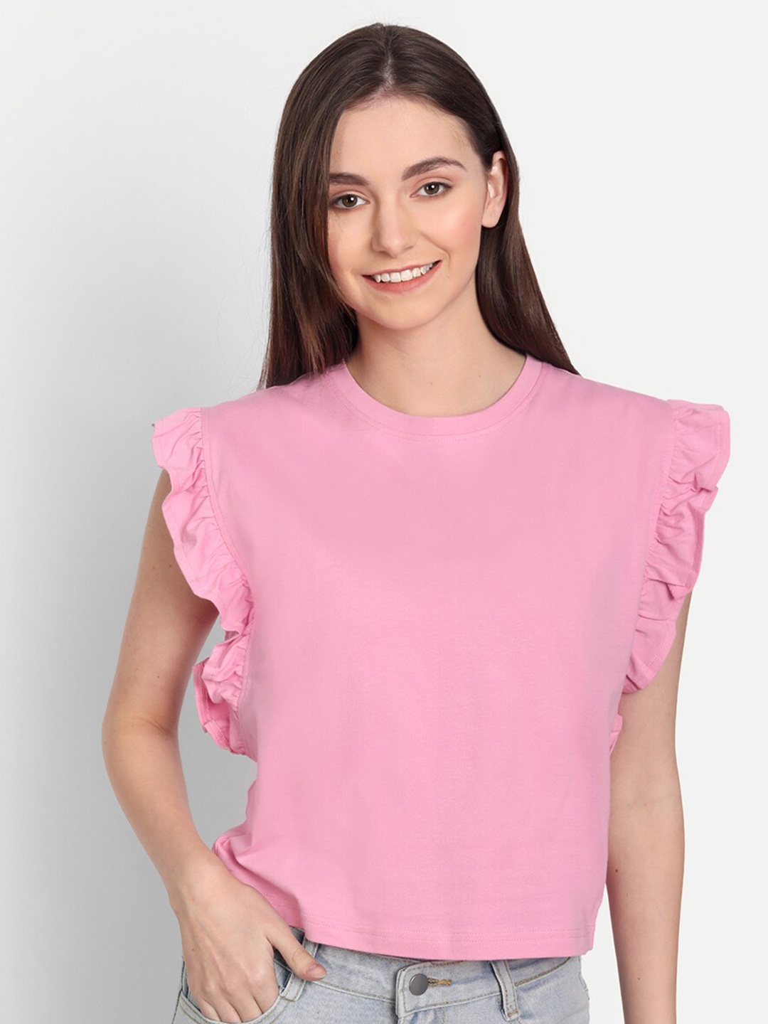 

iki chic Women Pink Ruffles Cap Sleeve Top