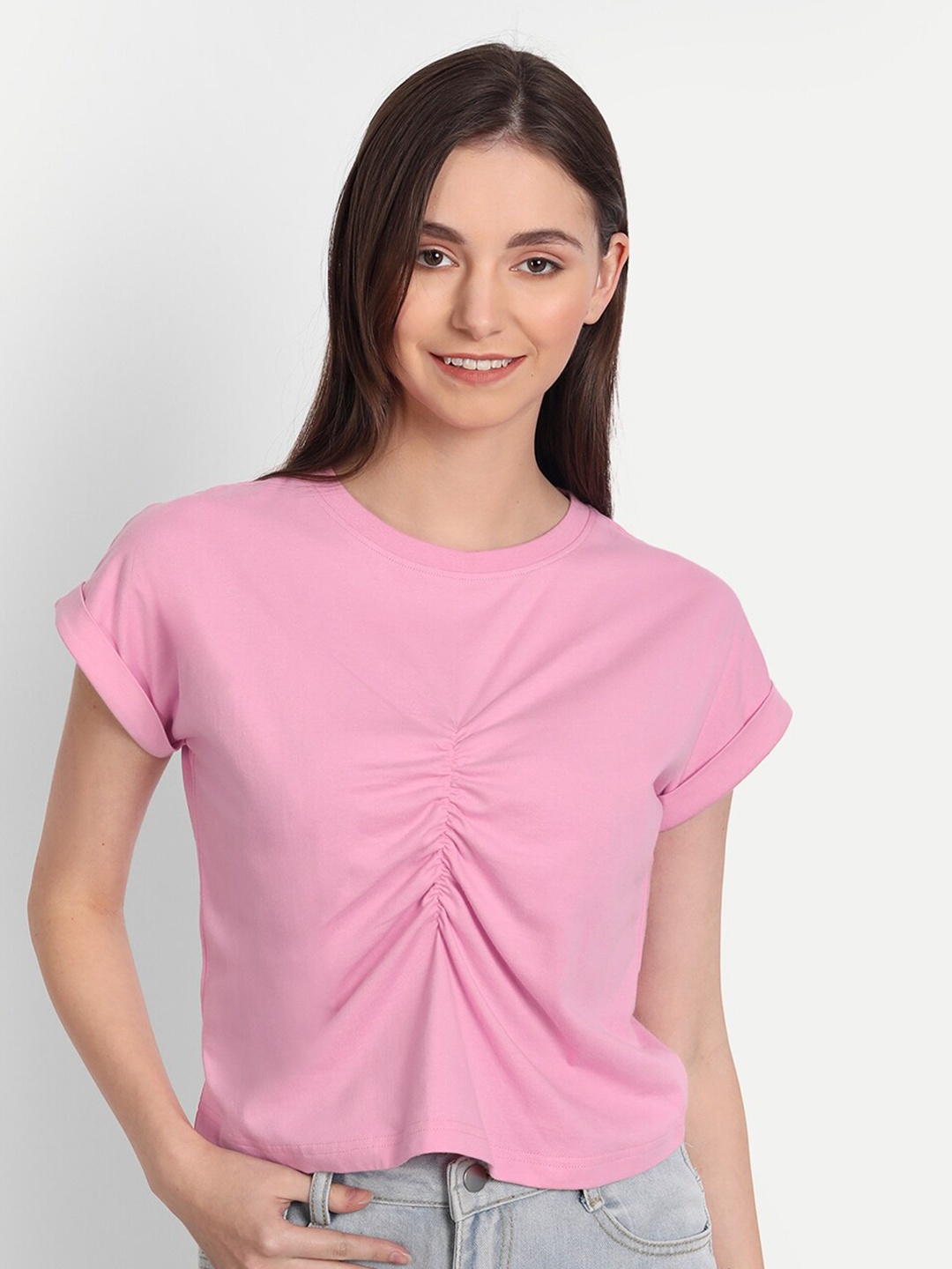 

iki chic Women Pink Extended Sleeves Gathered Crop Top