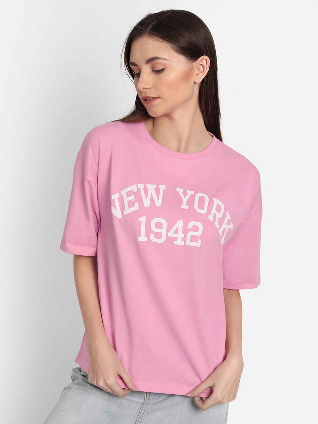 

iki chic Women Pink Typography Printed Oversized T-shirt