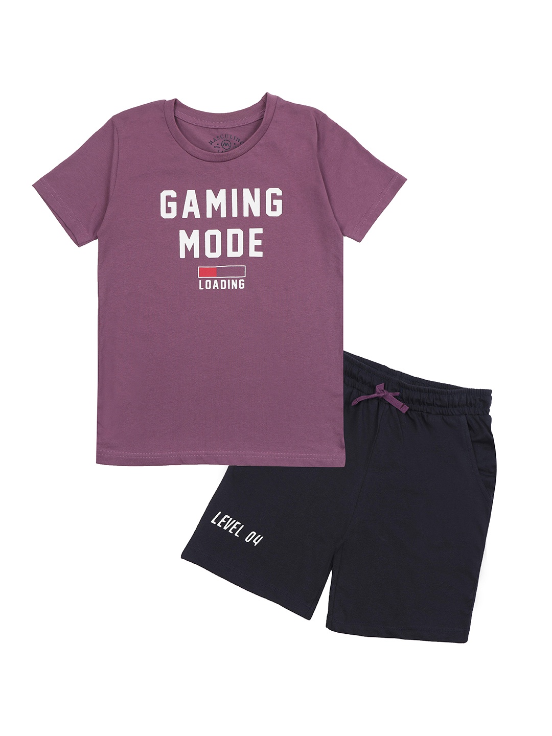 

Masculino Latino Boys Purple & Black Printed Pure Cotton T-shirt with Shorts