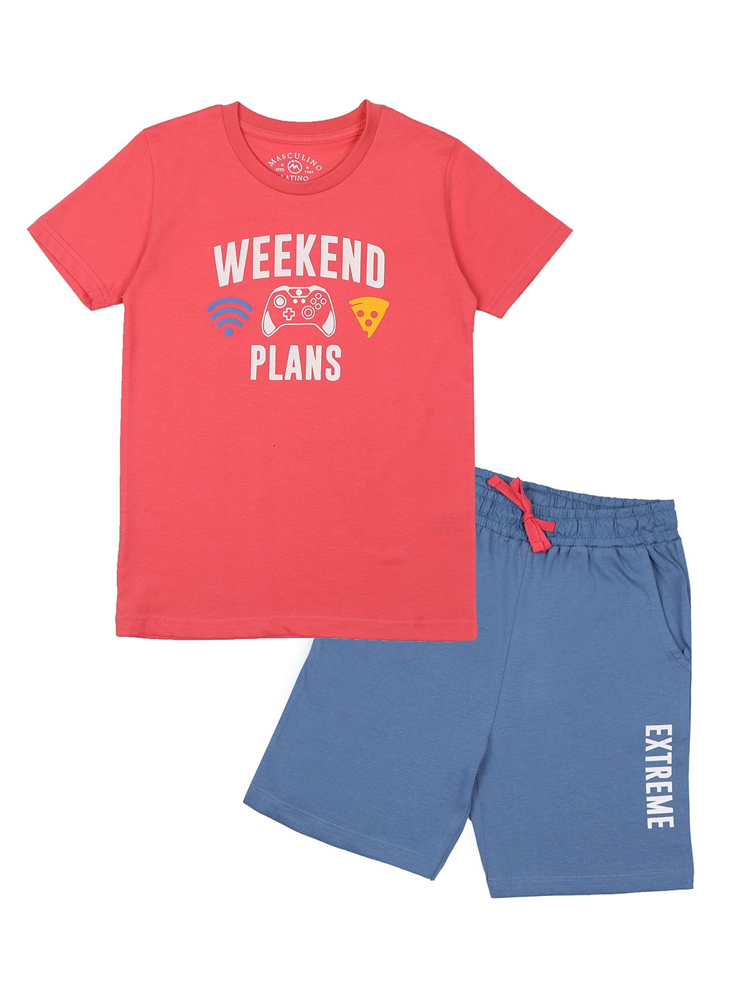 

Masculino Latino Boys Coral & Blue Printed T-shirt with Short Set