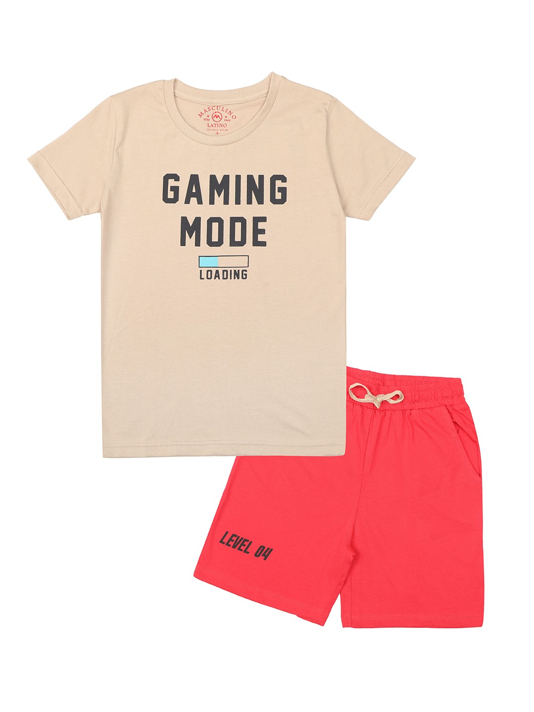 

Masculino Latino Boys Beige & Red Printed Pure Cotton T-shirt with Shorts