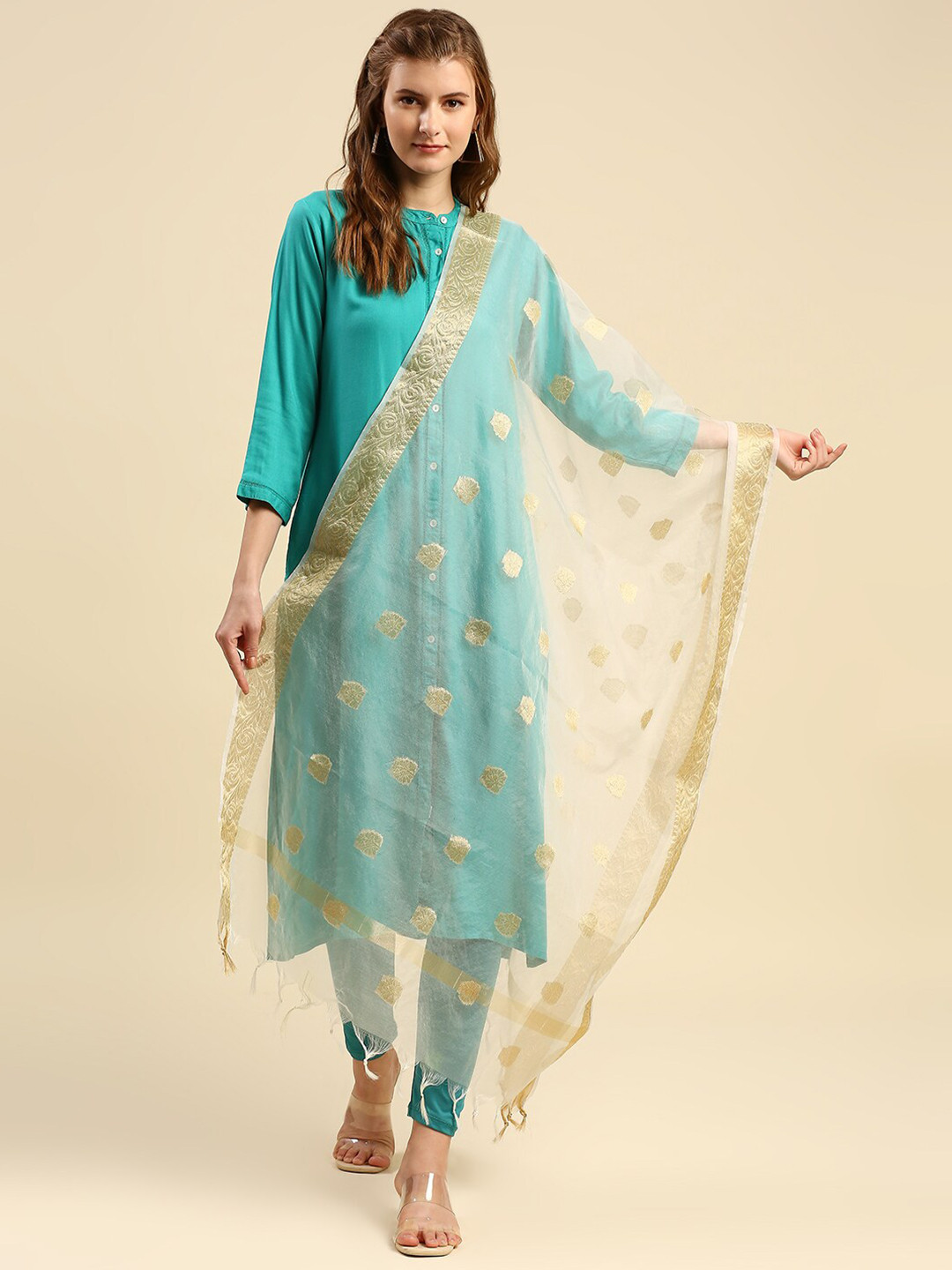 

Dupatta Bazaar White & Gold-Toned Ethnic Motifs Woven Design Organza Dupatta