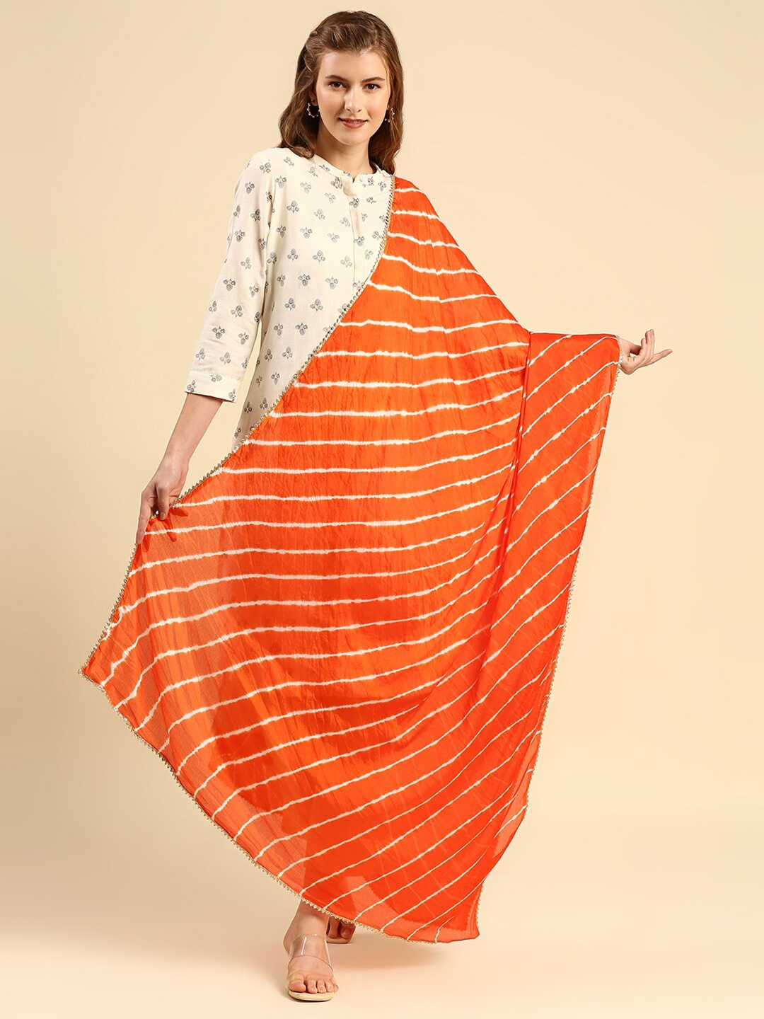

Dupatta Bazaar Orange & White Dyed Leheriya Dupatta