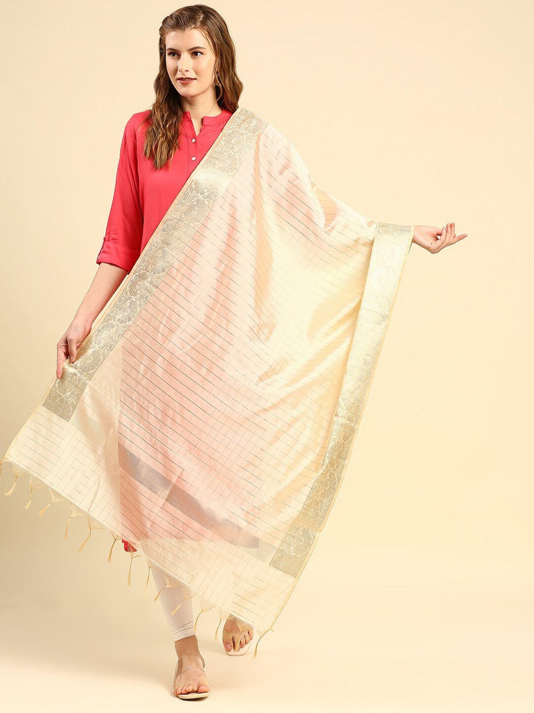 

Dupatta Bazaar Cream-Coloured & Silver-Toned Woven Design Dupatta