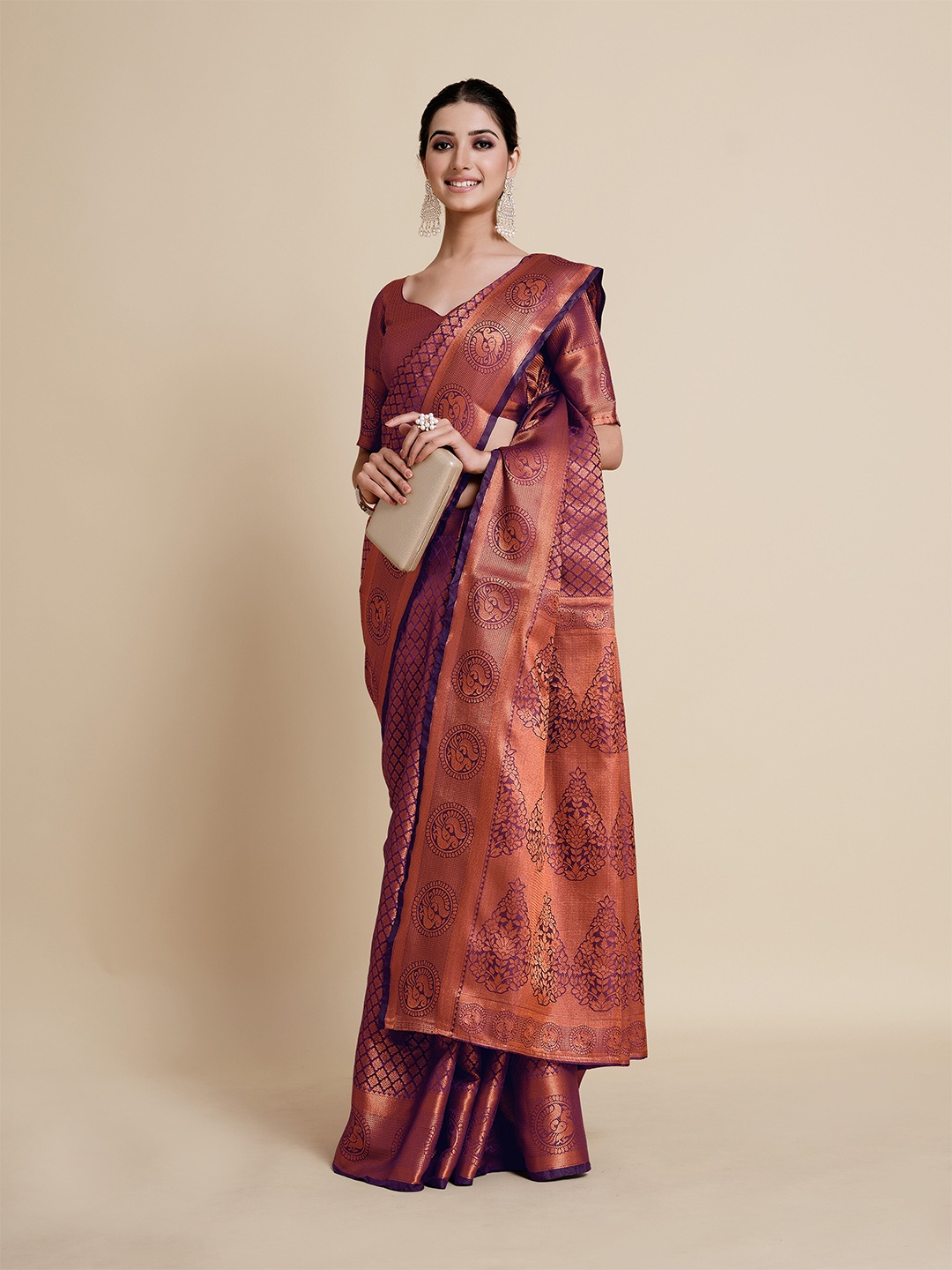 

MIMOSA Purple & Copper-Toned Ethnic Motifs Zari Art Silk Kanjeevaram Saree