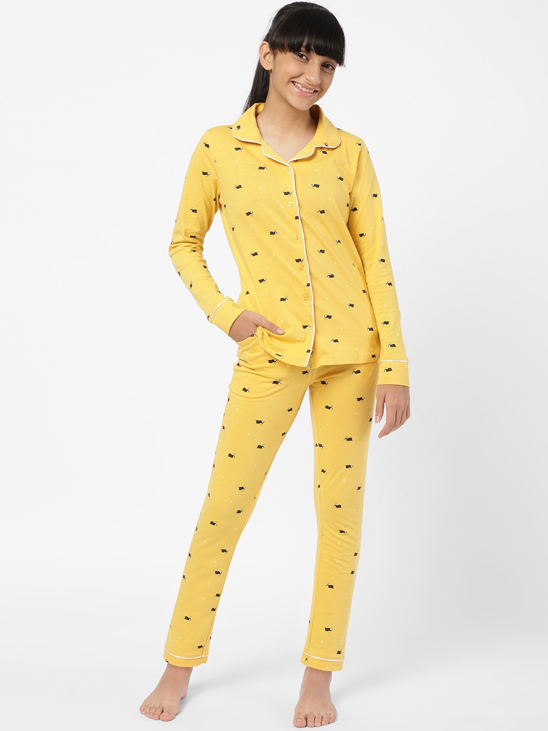 

Sweet Dreams Girls Yellow & Black Printed Night suit