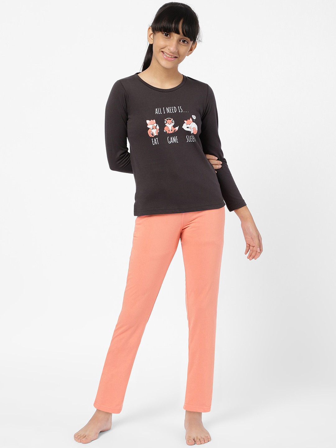 

Sweet Dreams Girls Charcoal & Peach Printed Cotton Night suit