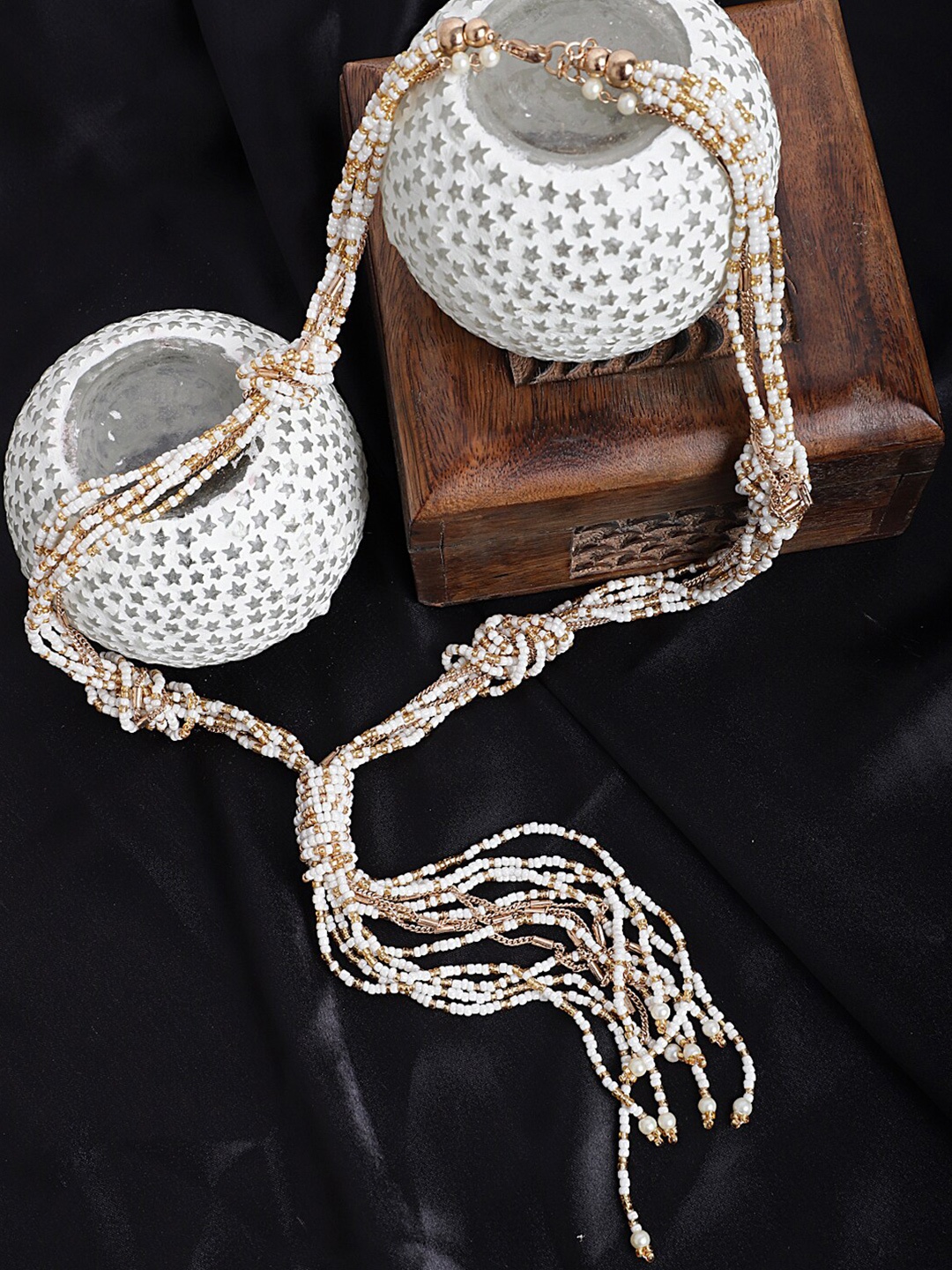

Madame Women White & Gold-Toned Rose Gold-Plated Tasselled Necklace