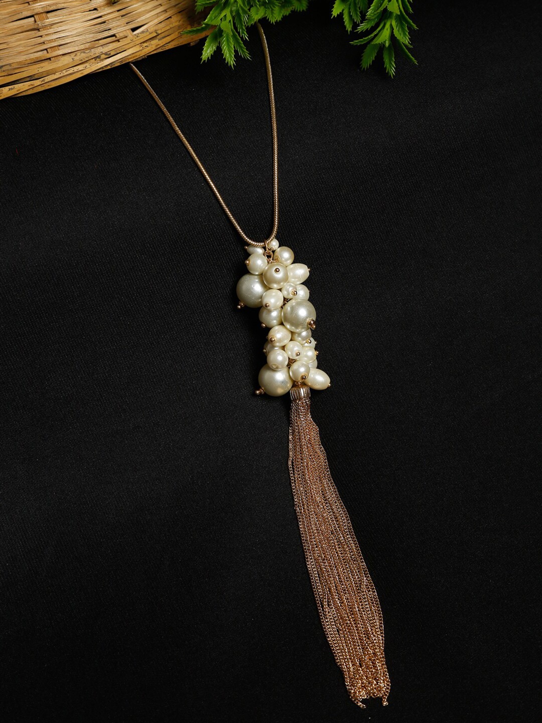 

Madame Women White & Rose Gold-Plated Pearls Tasselled Necklace