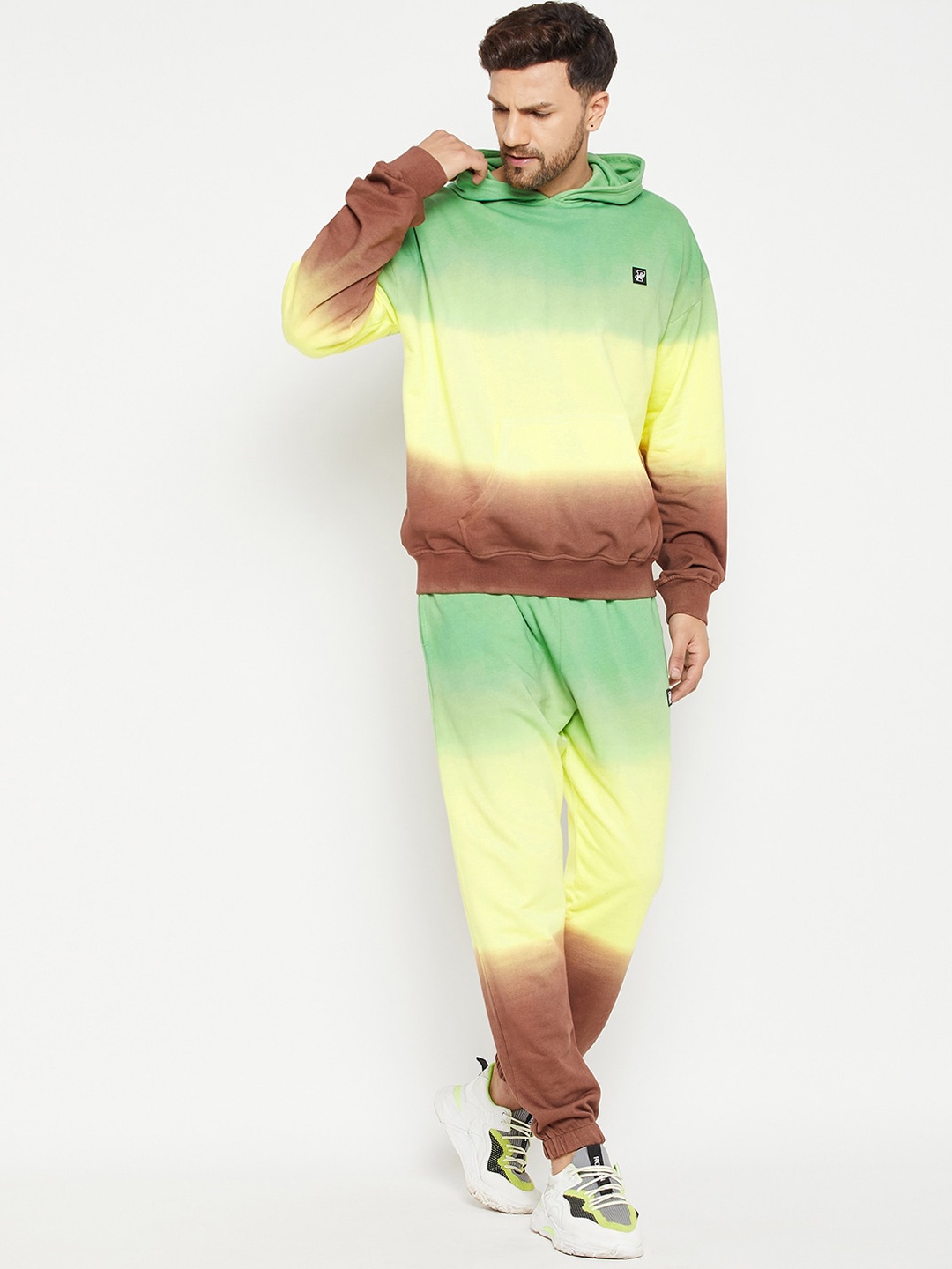 

FUGAZEE Men Green & Yellow Colourblocked Relaxed-Fit Pure Cotton Joggers