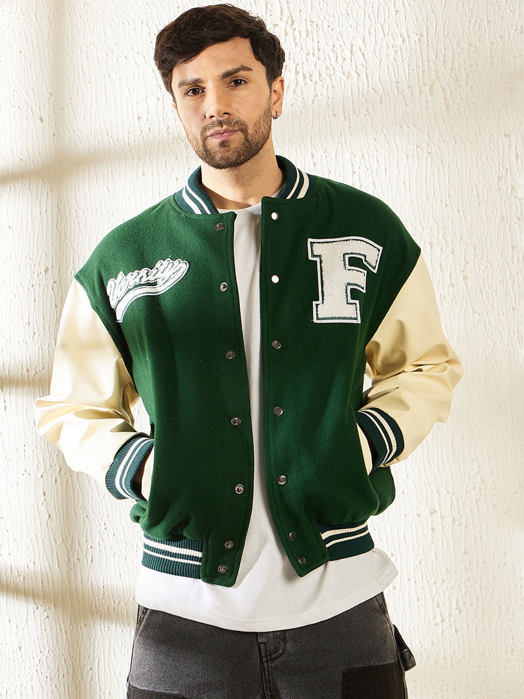 

FUGAZEE Men Green Varsity Jacket with Patchwork