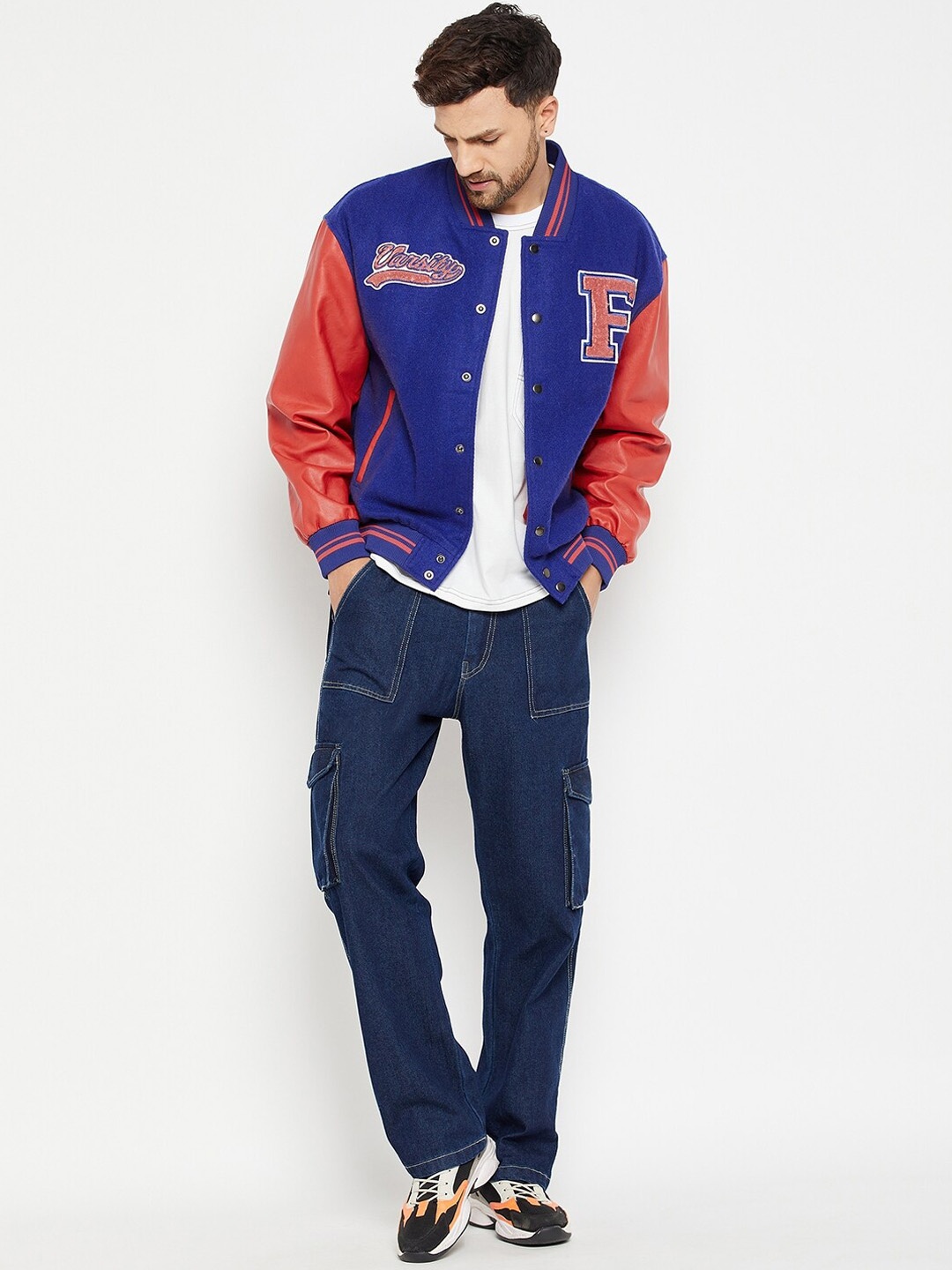 

FUGAZEE Men Blue Varsity Jacket with Patchwork