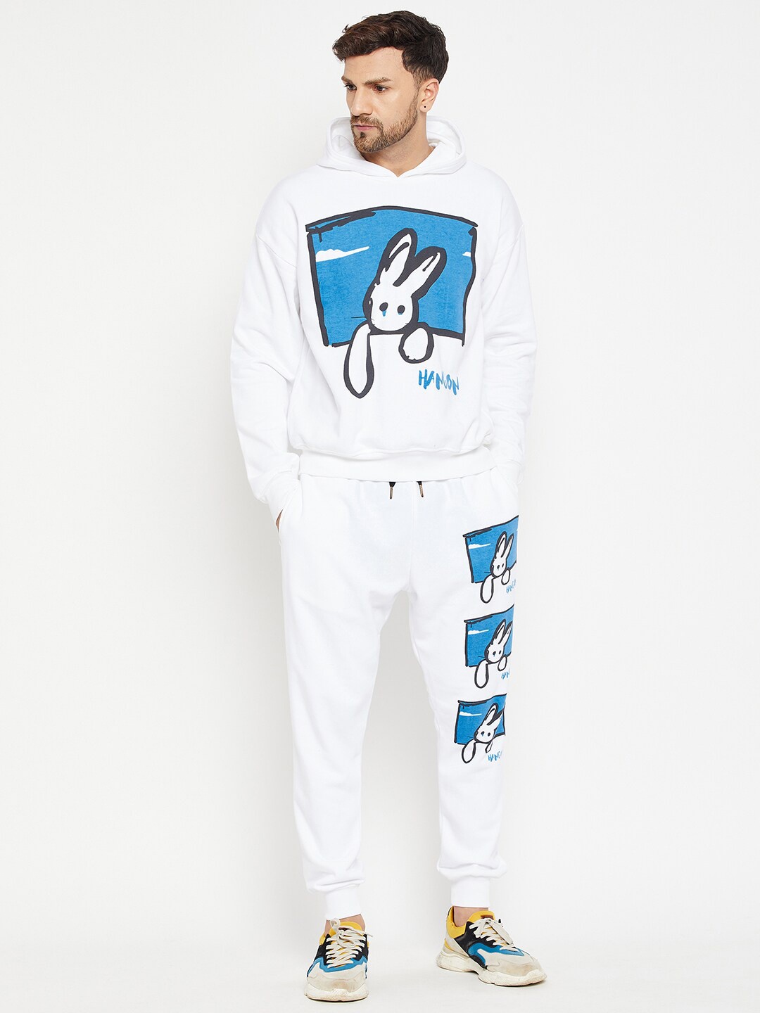 FUGAZEE Men White Printed Hooded Cotton Sweatshirt