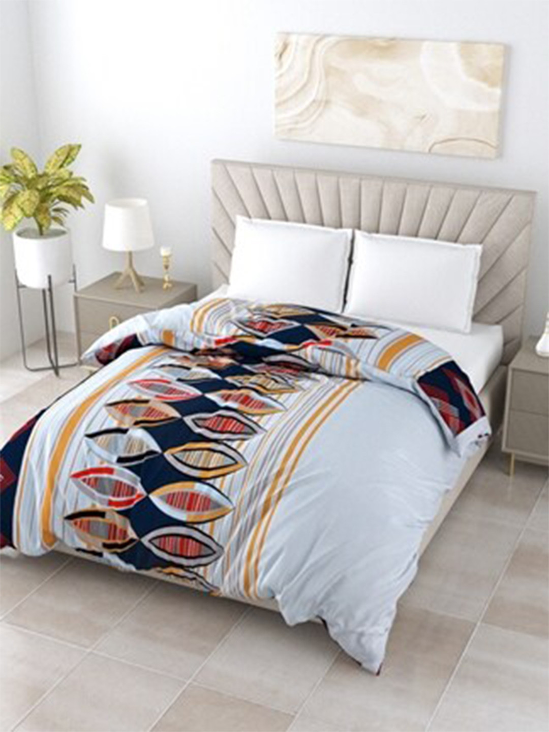 

Salona Bichona White & Blue Ethnic Motifs AC Room 120 GSM Double Bed Cotton Comforter