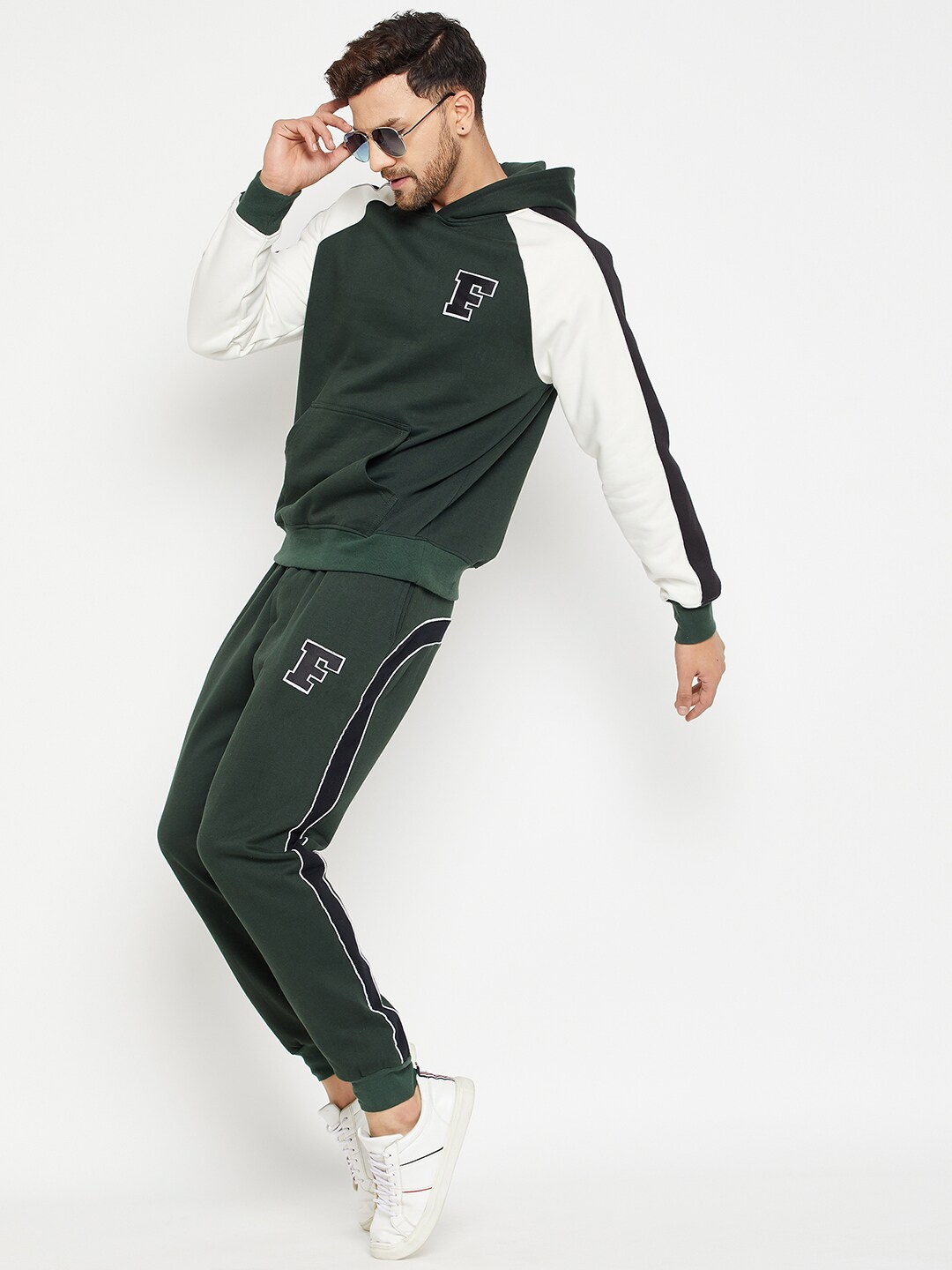 

FUGAZEE Men Green & White Colourblocked Hoodie Relaxed Fit Joggers Tracksuit