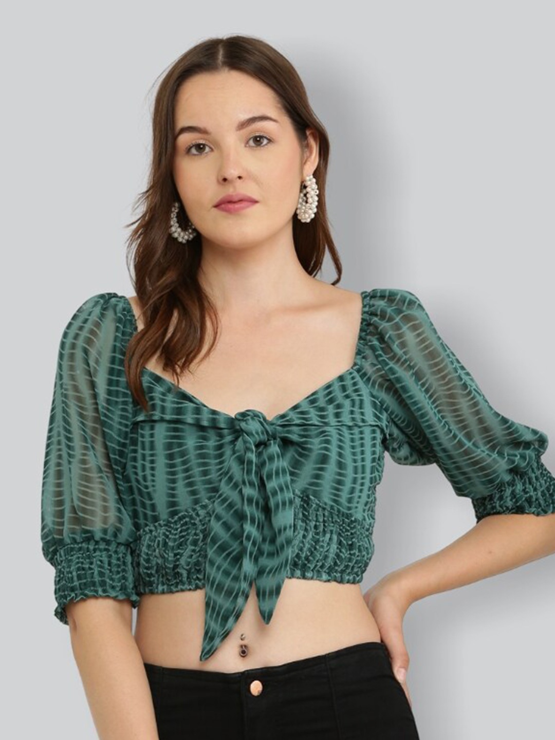 

The Label Bar Green Checked Sweetheart Neck Georgette Blouson Crop Top