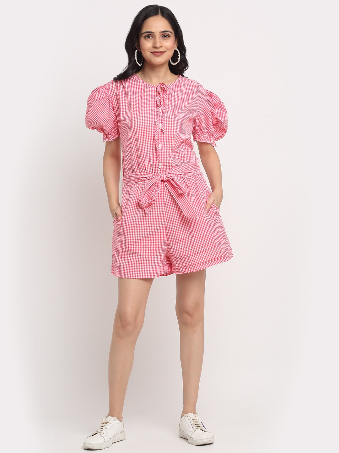 

SiaVira Women Pink & White Checked Cotton Jumpsuit