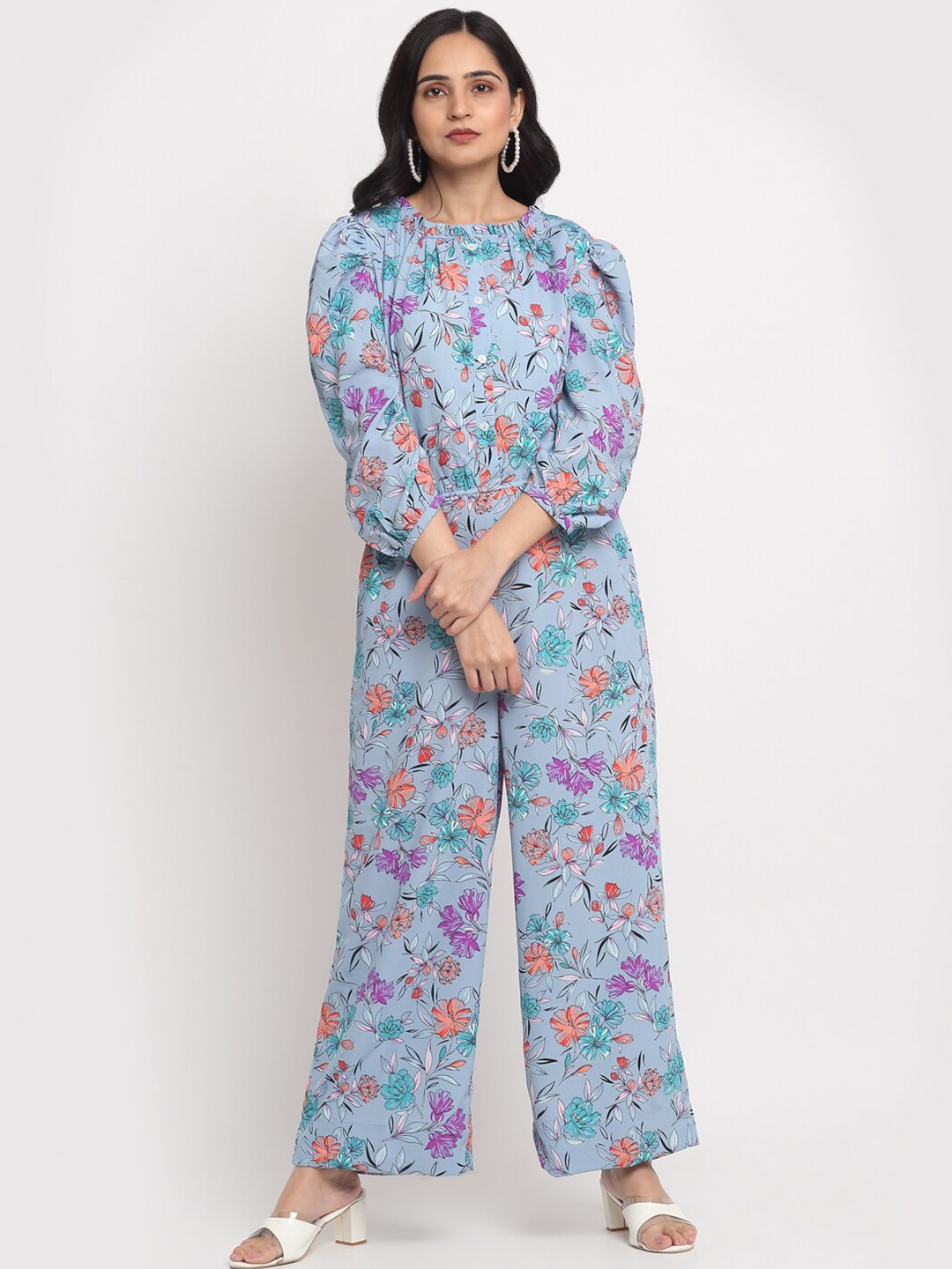 

SiaVira Blue & Orange Printed Basic Jumpsuit with Ruffles