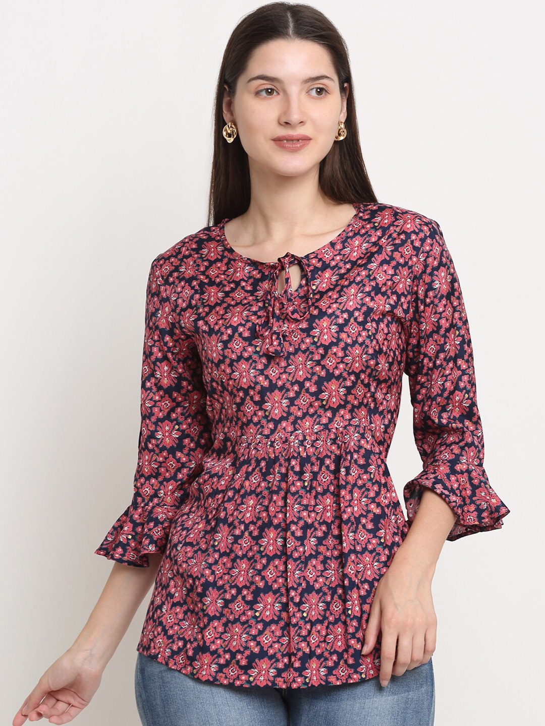 

KALINI Blue & Pink Print Tie-Up Neck Empire Top