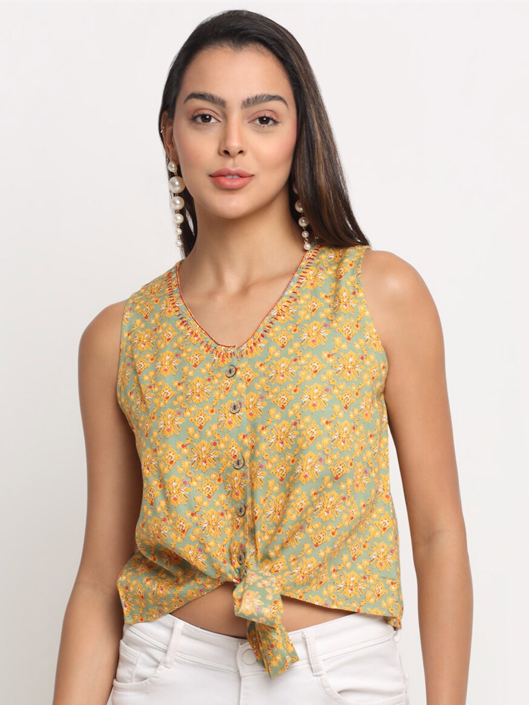 

KALINI Green & Blue Floral Print Crop Top