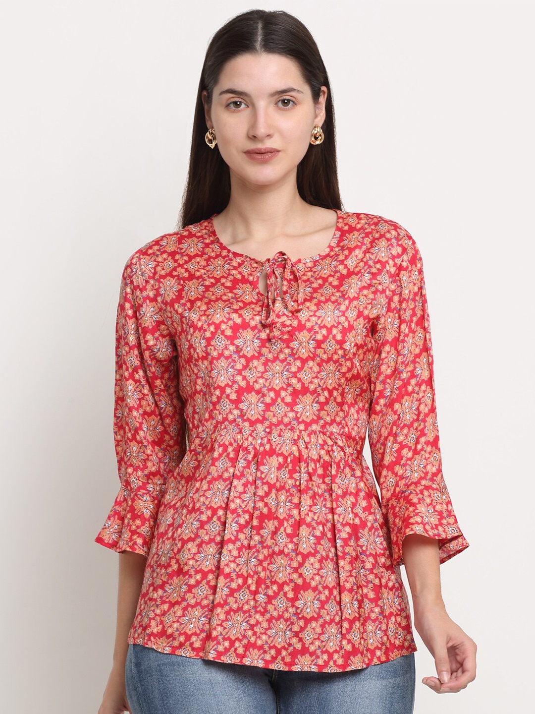 

KALINI Women Red Print Tie-Up Neck Top