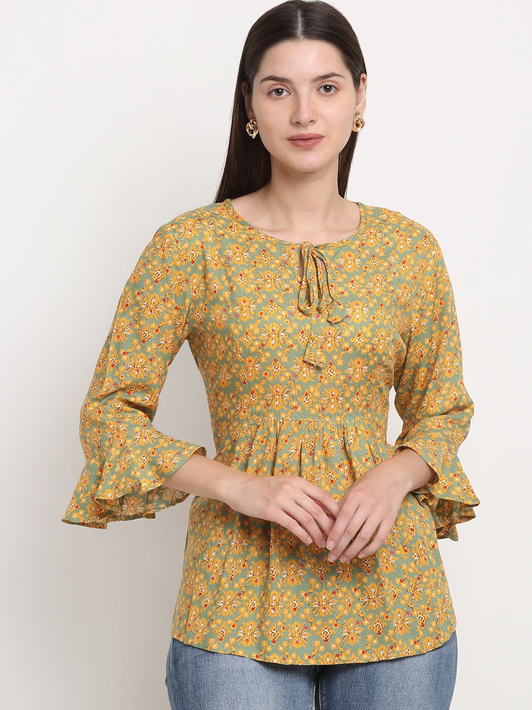 

KALINI Mustard Women Yellow & Green Floral Print Tie-Up Neck Top