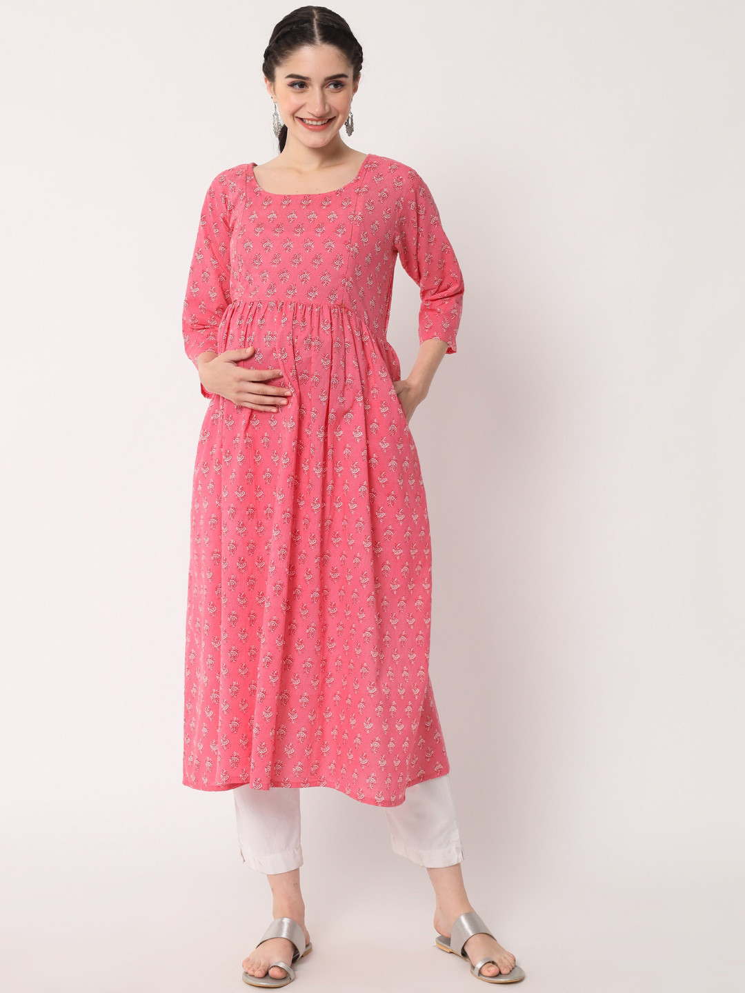 

Aujjessa Women Pink Printed Cotton A-Line Maternity Kurta