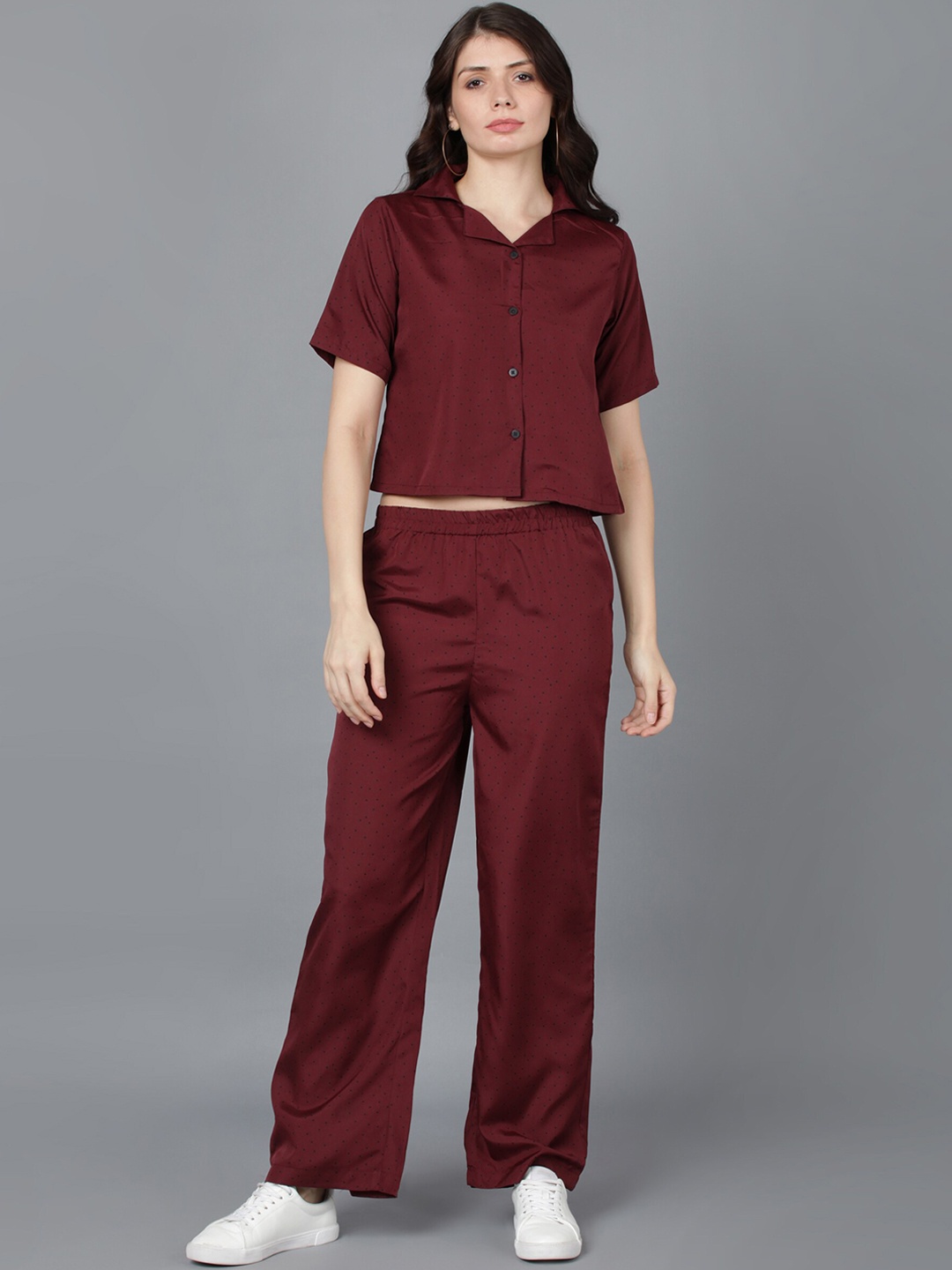 

Fashfun Women Maroon Polka Dot Printed Co-Ords