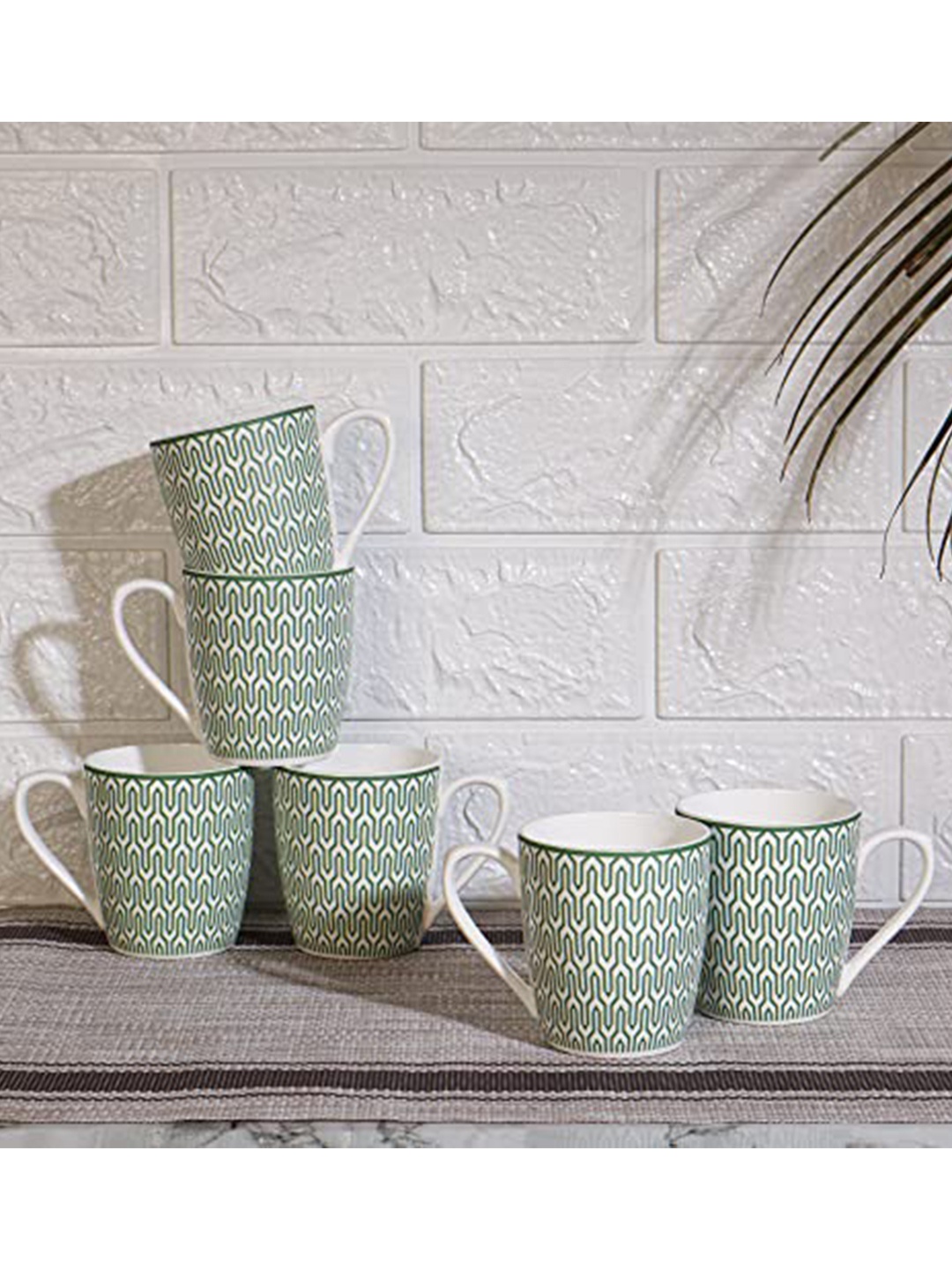 

Femora Set of 6 Green & White Printed Bone China Glossy Mugs 160 ml Each