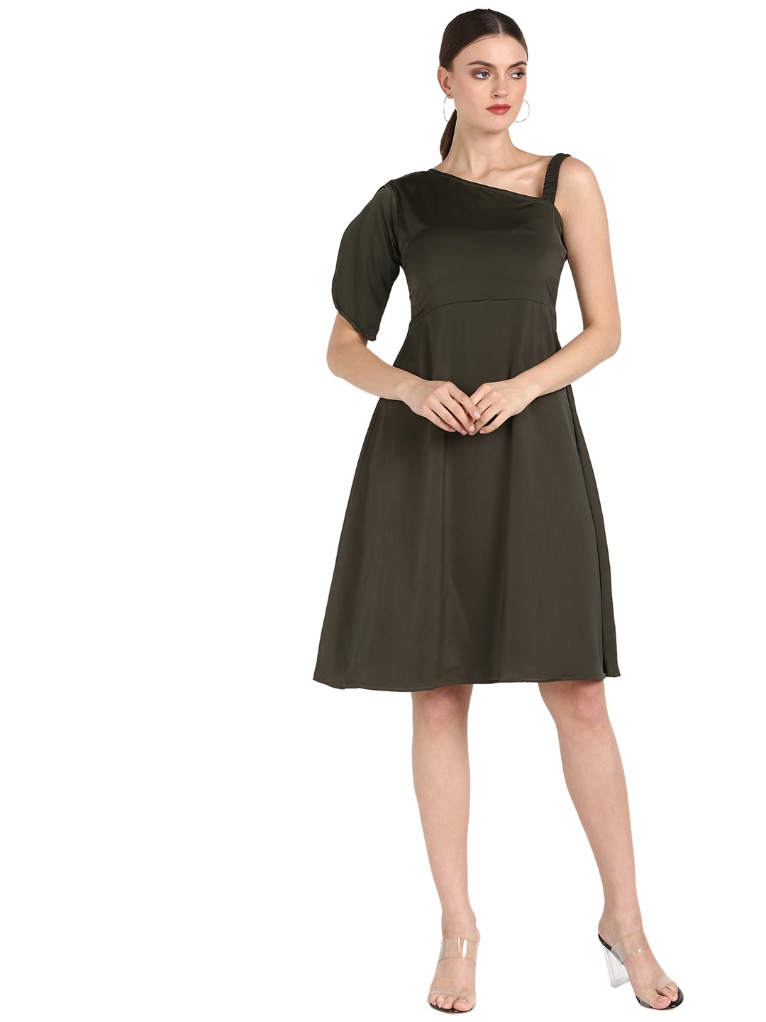 

Fashfun Green Satin Solid A-Line Dress