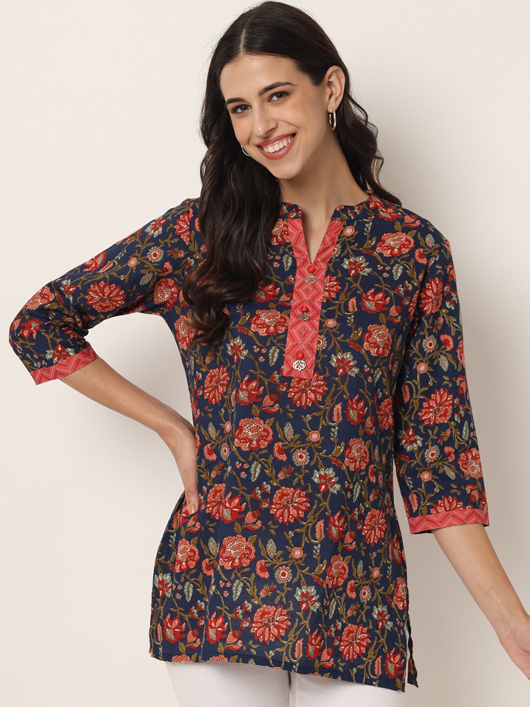 

FABRIC FITOOR Women Navy Blue & Coral Floral Print Cotton Shirt Style Top