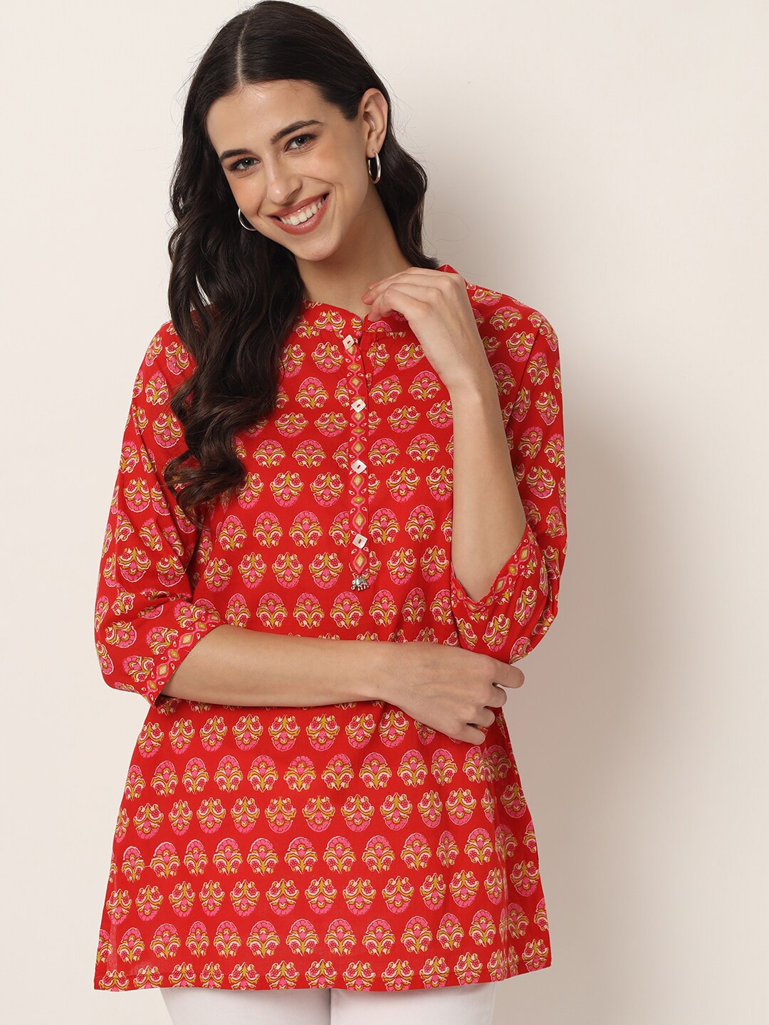 

FABRIC FITOOR Women Red Print Mandarin Collar Top