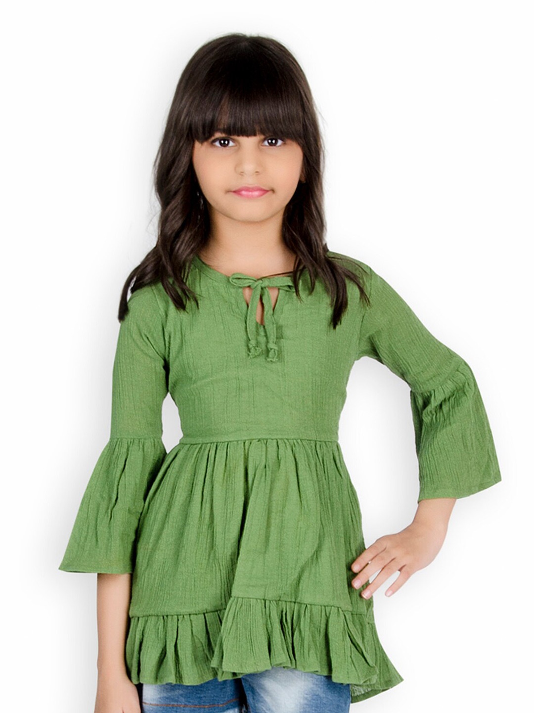 

Olele Green Pure Cotton Tie-Up Neck Peplum Top