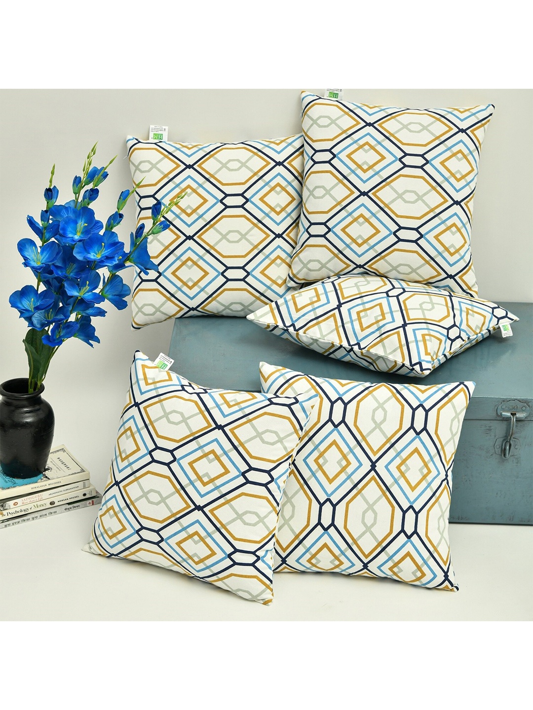 

HOMEMONDE White & Yellow Set of 5 Geometric Square Cushion Covers