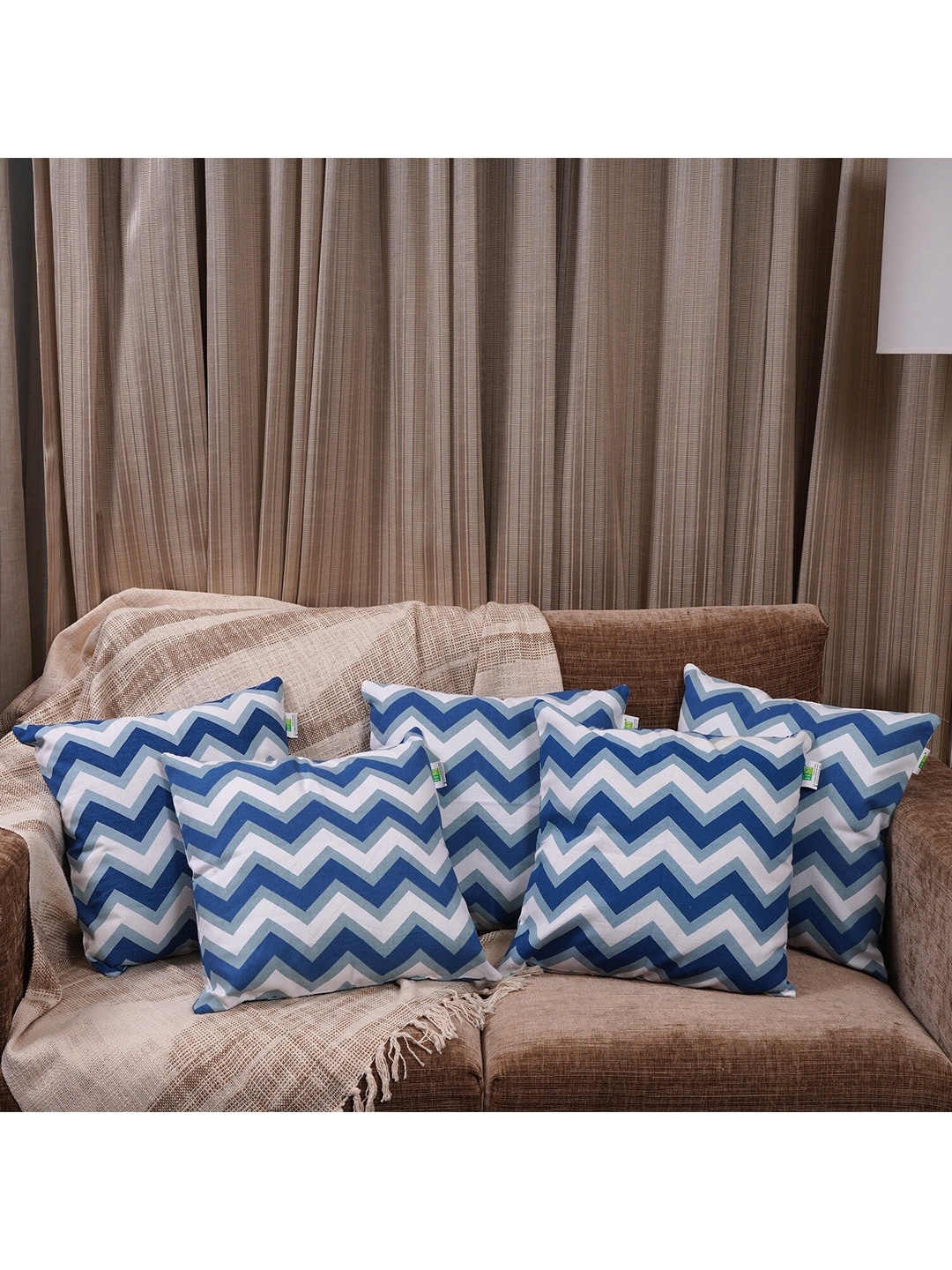 

HOMEMONDE White & Blue Set of 5 Printed Square Cushion Covers