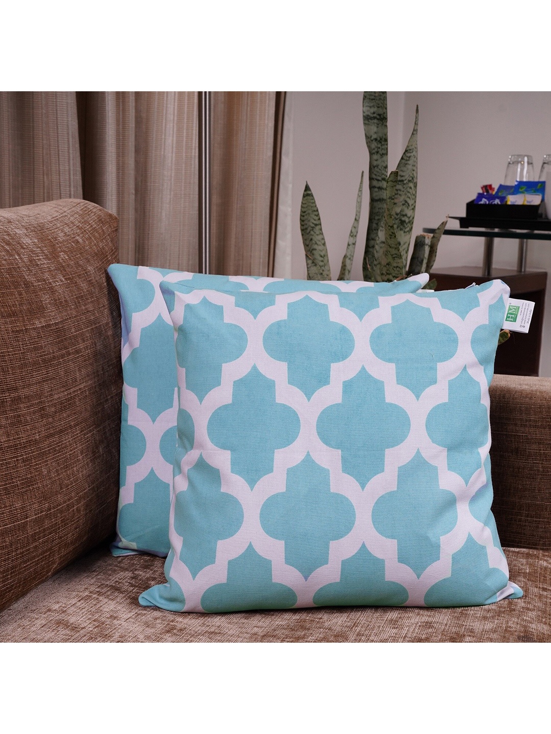 

HOMEMONDE Blue & White Set of 2 Geometric Square Cushion Covers