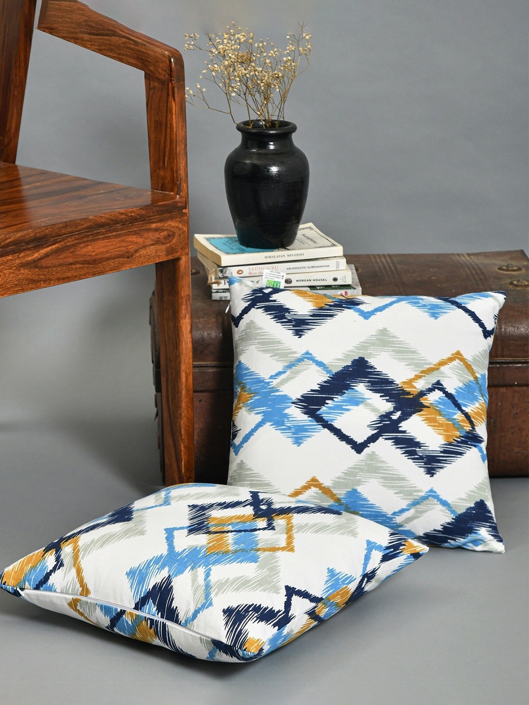 

HOMEMONDE Set of 2 White & Blue Geometric Square Cushion Covers