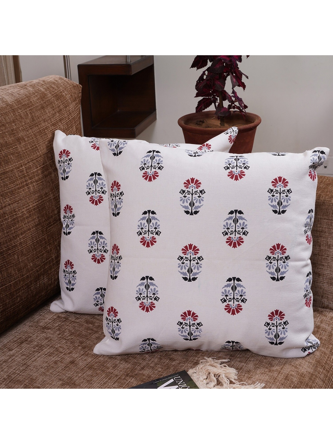 

HOMEMONDE White & Blue Set of 2 Floral Square Cushion Covers