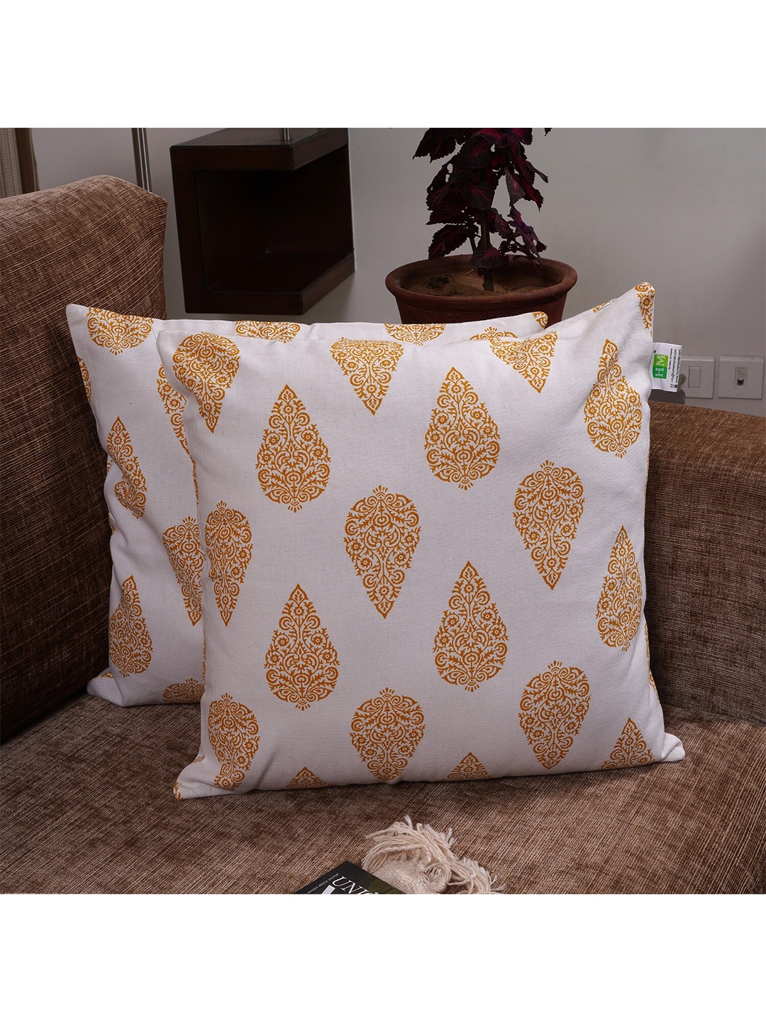 

HOMEMONDE White & Yellow Set of 2 Ethnic Motifs Square Cushion Covers