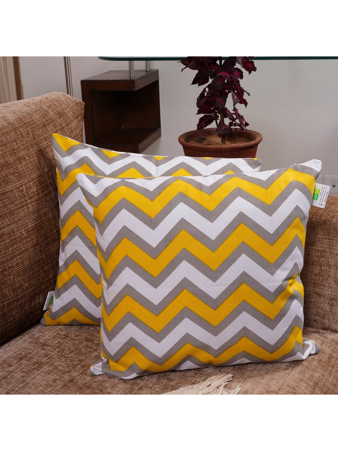 

HOMEMONDE Set of 2 White And Yellow Geometric Print Cotton Square Cushion Covers